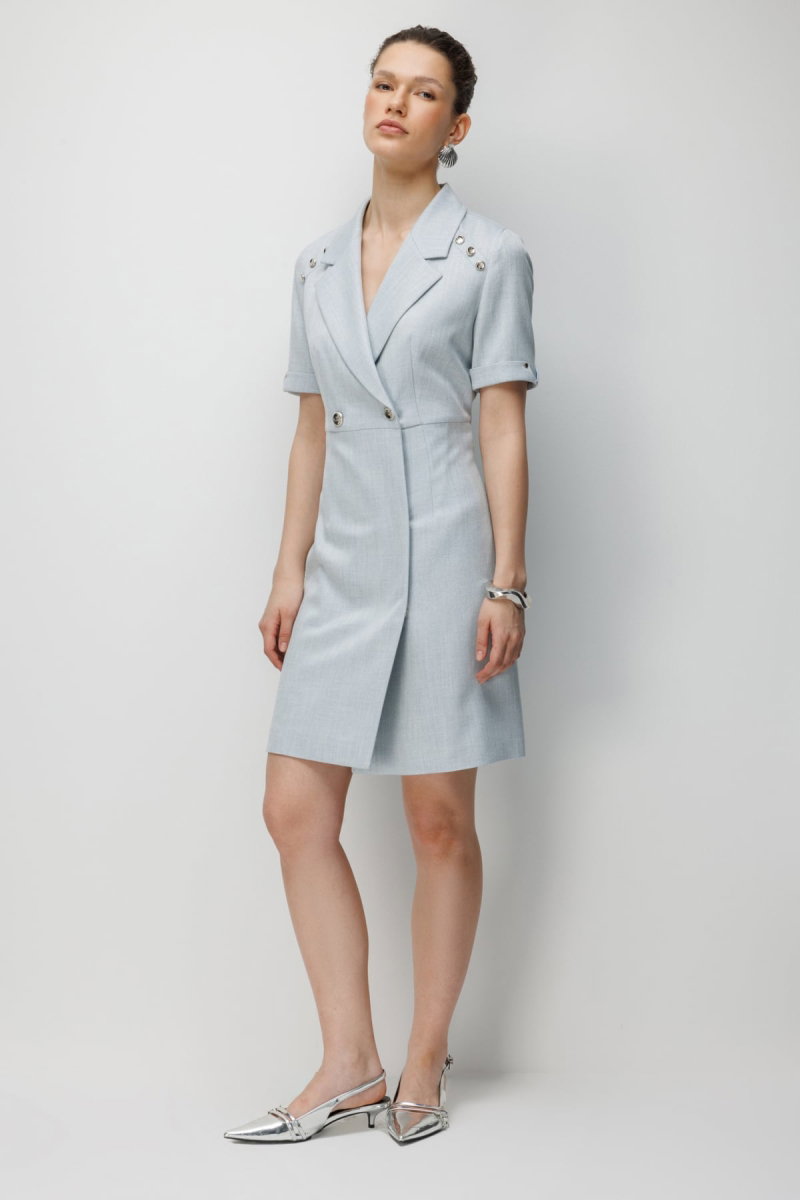 Ekol Kadın Kruvaze Yaka Süs Düğmeli Midi Elbise 6016 Blue - 2