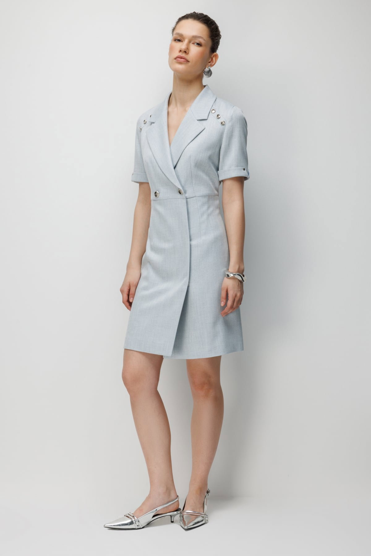 Ekol Kadın Kruvaze Yaka Süs Düğmeli Midi Elbise 6016 Blue - 2