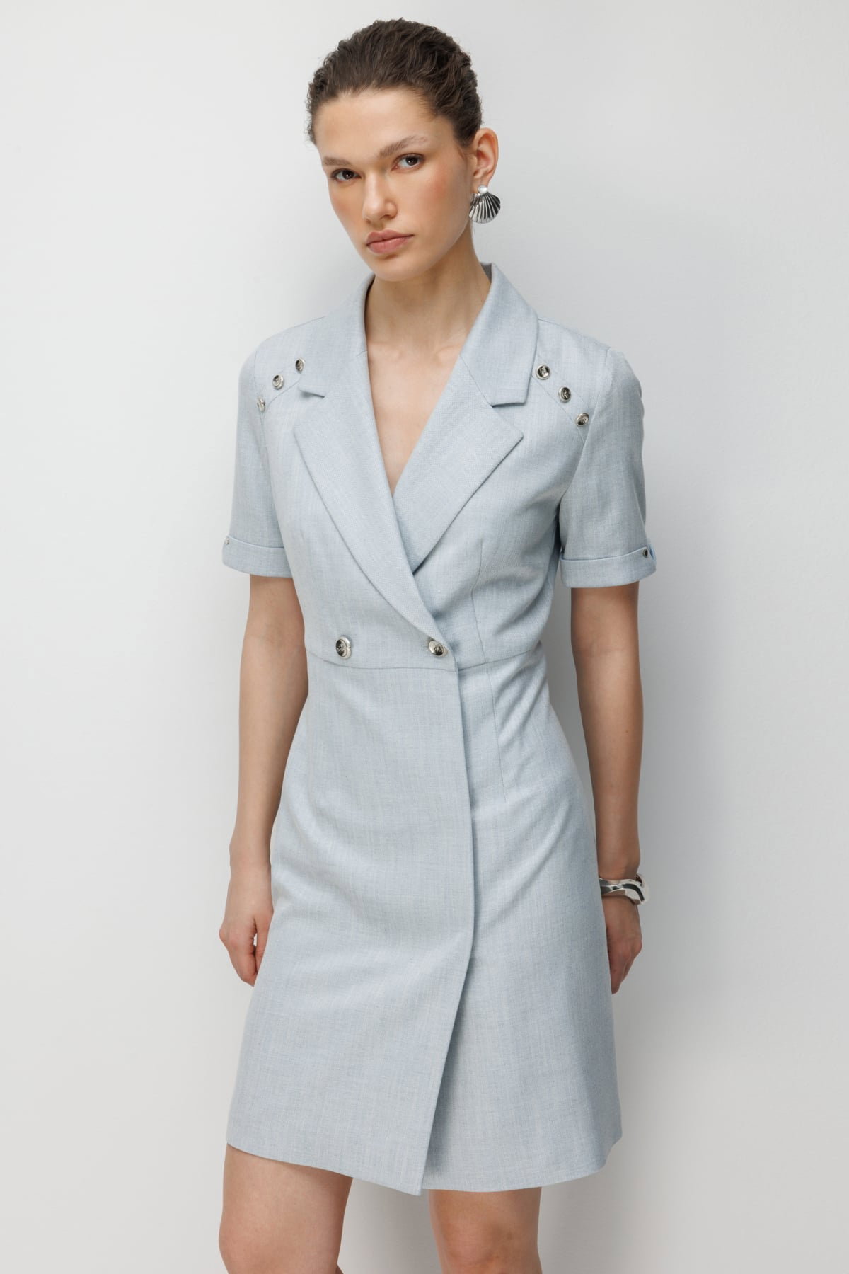 Ekol Kadın Kruvaze Yaka Süs Düğmeli Midi Elbise 6016 Blue - 3