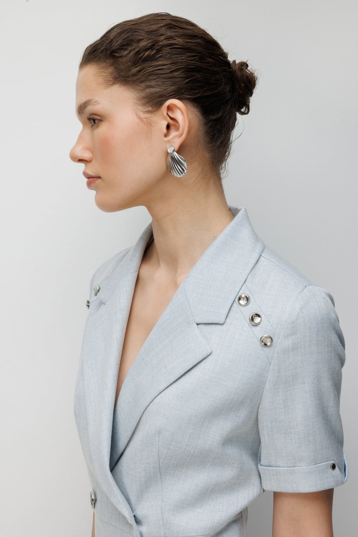 Ekol Kadın Kruvaze Yaka Süs Düğmeli Midi Elbise 6016 Blue - 4