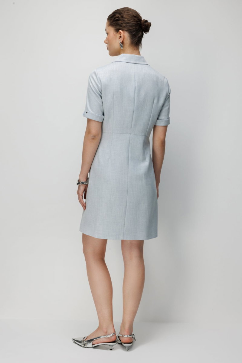 Ekol Kadın Kruvaze Yaka Süs Düğmeli Midi Elbise 6016 Blue - 5