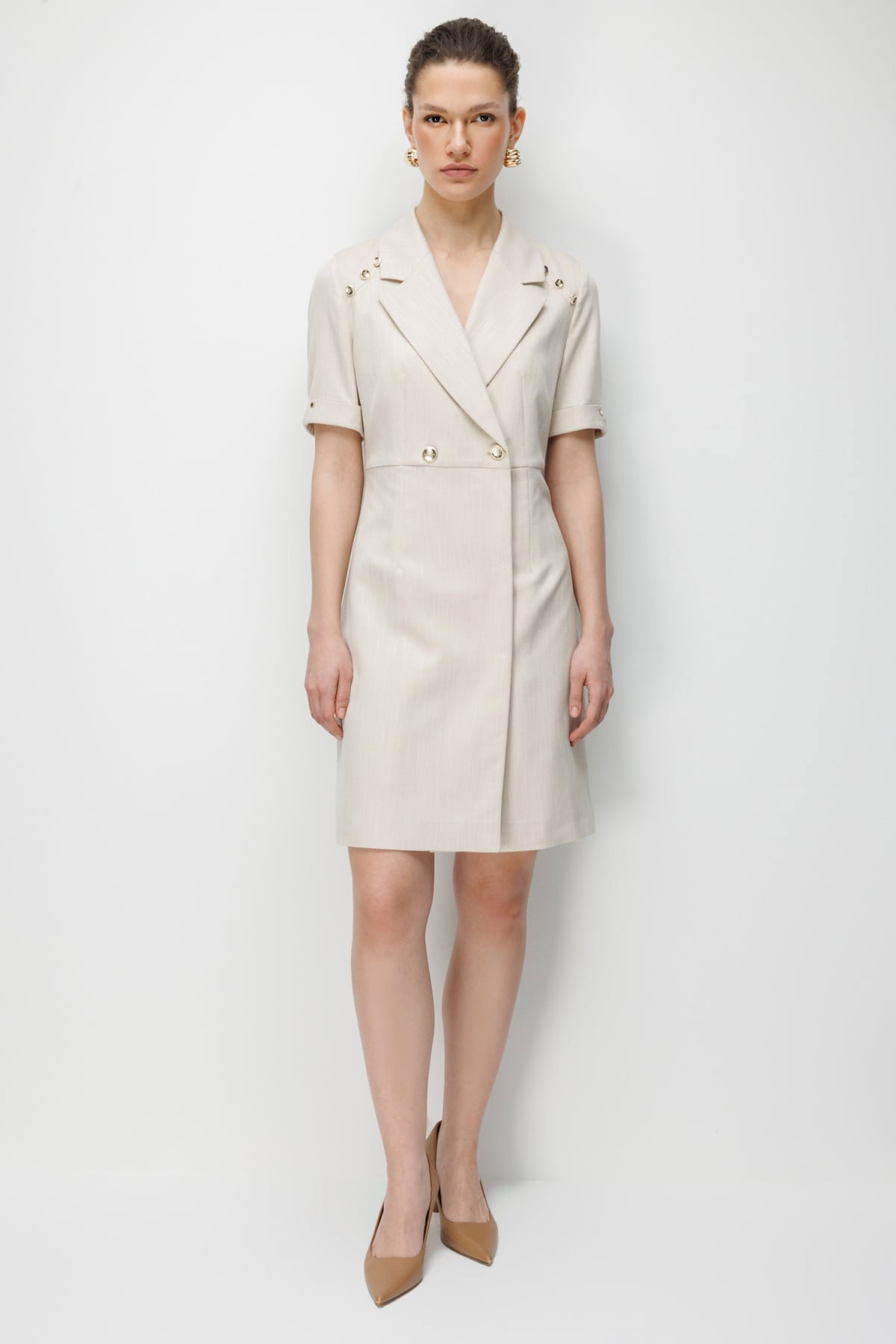 Ekol Kadın Kruvaze Yaka Süs Düğmeli Midi Elbise 6016 Gold - 1