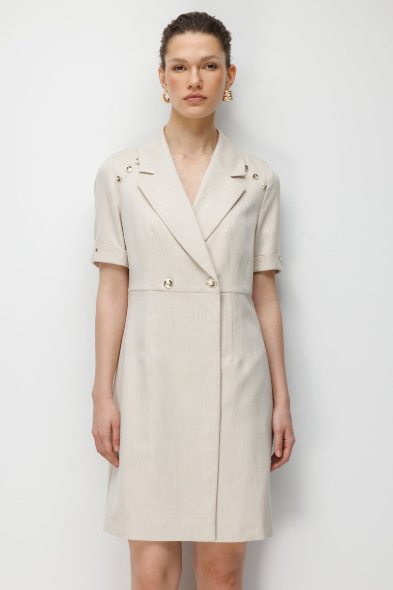 Ekol Kadın Kruvaze Yaka Süs Düğmeli Midi Elbise 6016 Gold - 2