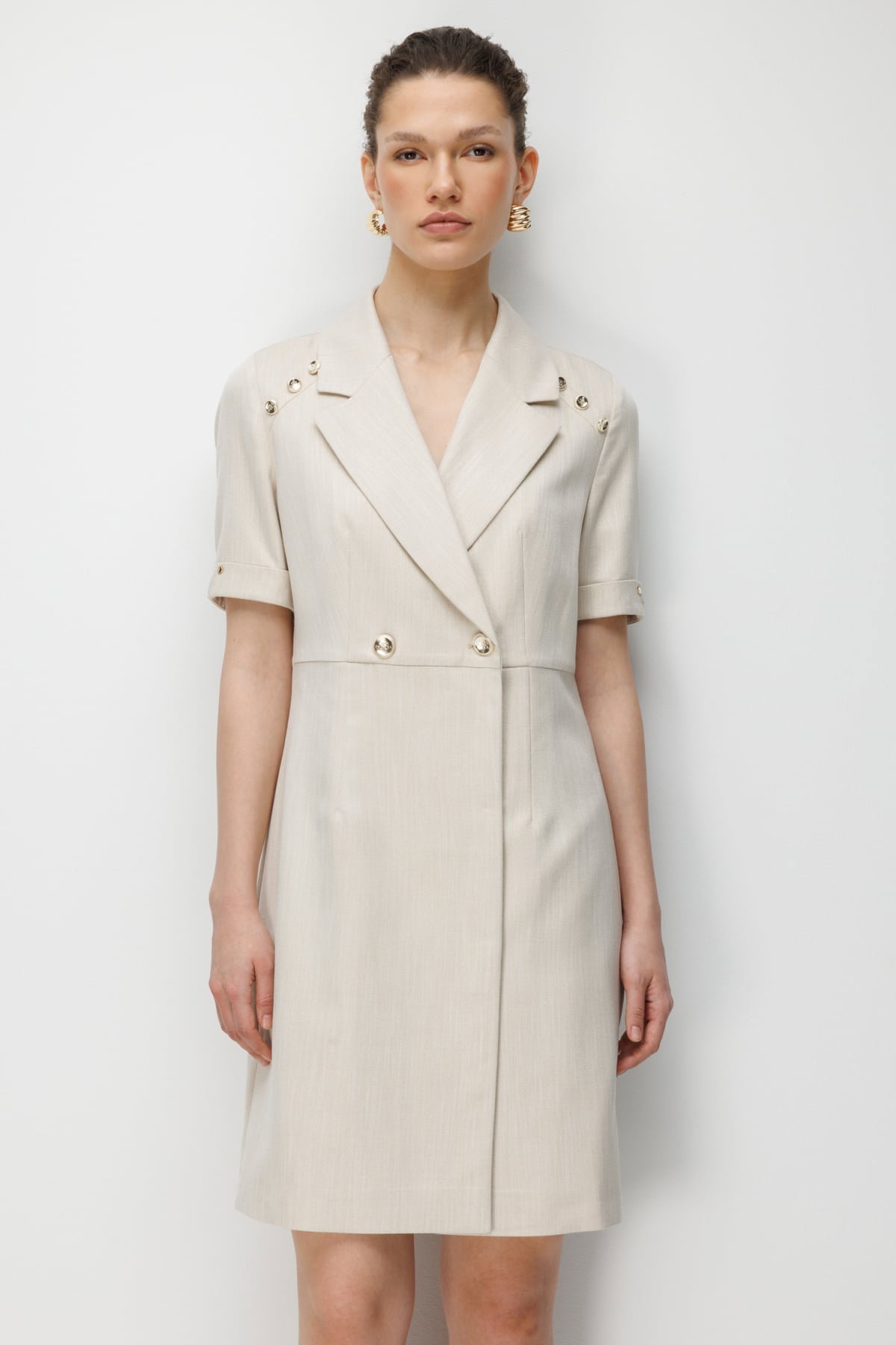 Ekol Kadın Kruvaze Yaka Süs Düğmeli Midi Elbise 6016 Gold - 2