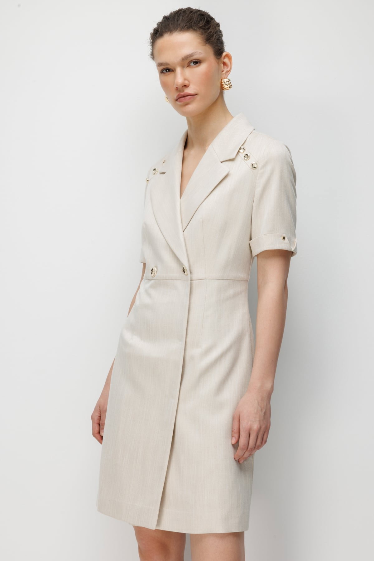 Ekol Kadın Kruvaze Yaka Süs Düğmeli Midi Elbise 6016 Gold - 3