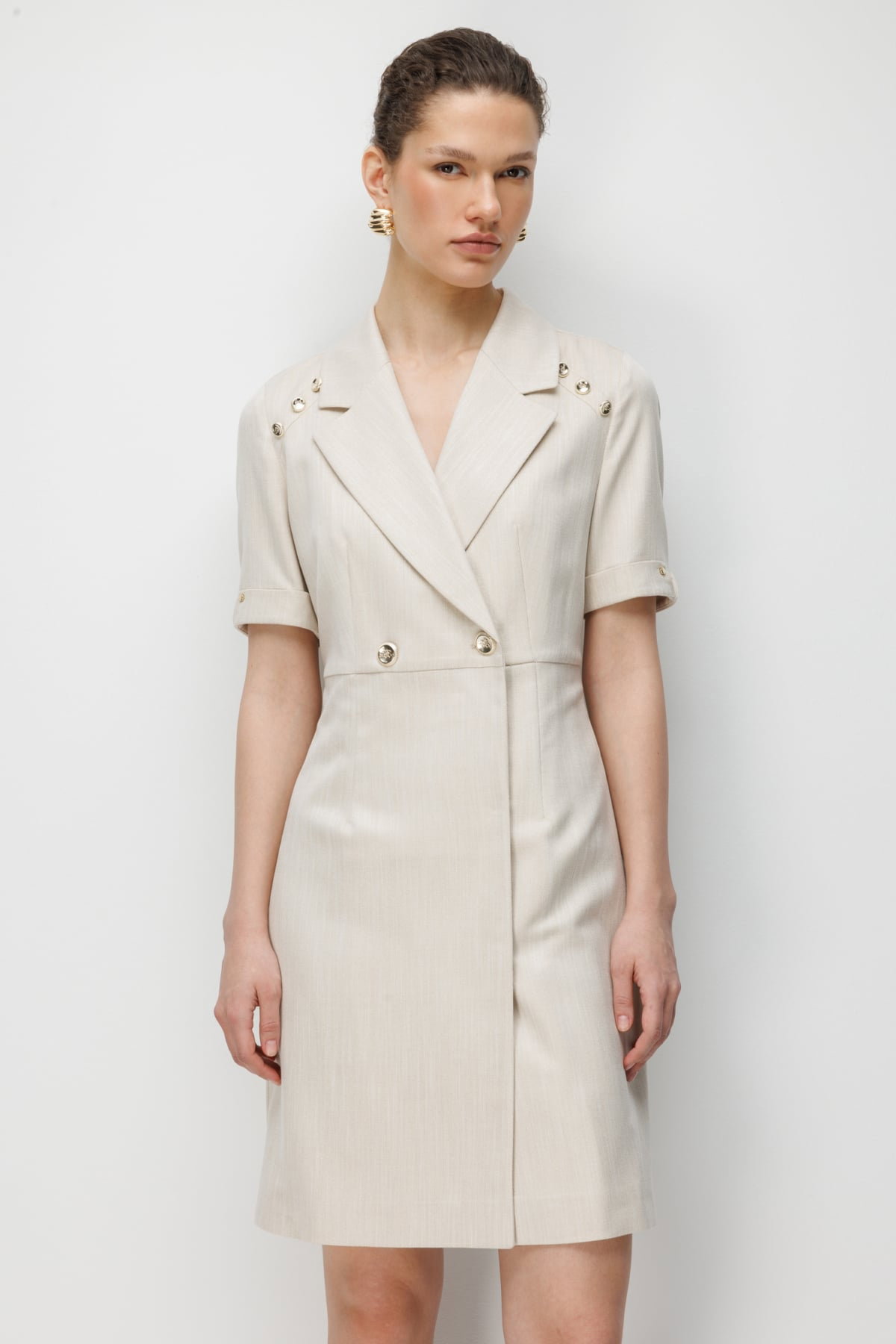 Ekol Kadın Kruvaze Yaka Süs Düğmeli Midi Elbise 6016 Gold - 4