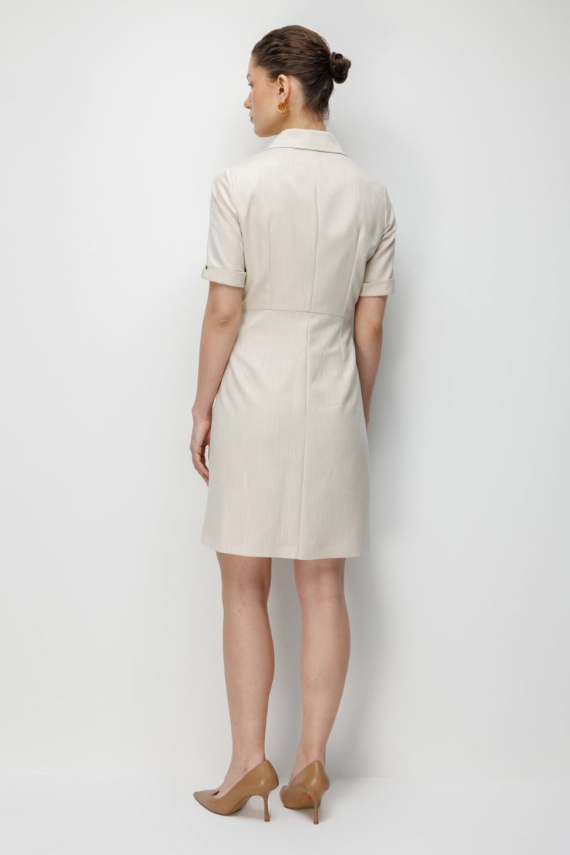 Ekol Kadın Kruvaze Yaka Süs Düğmeli Midi Elbise 6016 Gold - 5