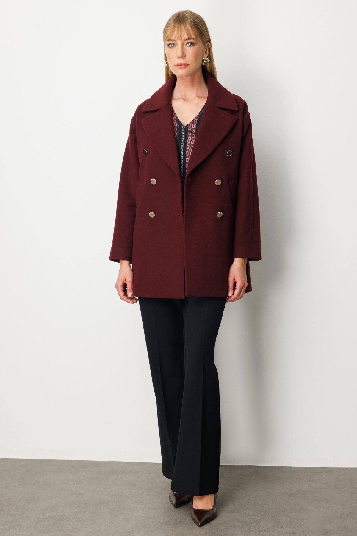 Ekol Kadın Kruvaze Yaka Yan Cepli Kaban 6093 Bordo - 1