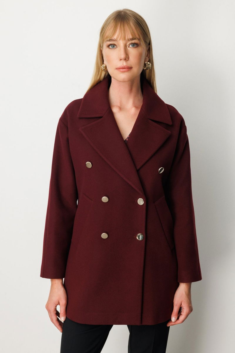 Ekol Kadın Kruvaze Yaka Yan Cepli Kaban 6093 Bordo - 2