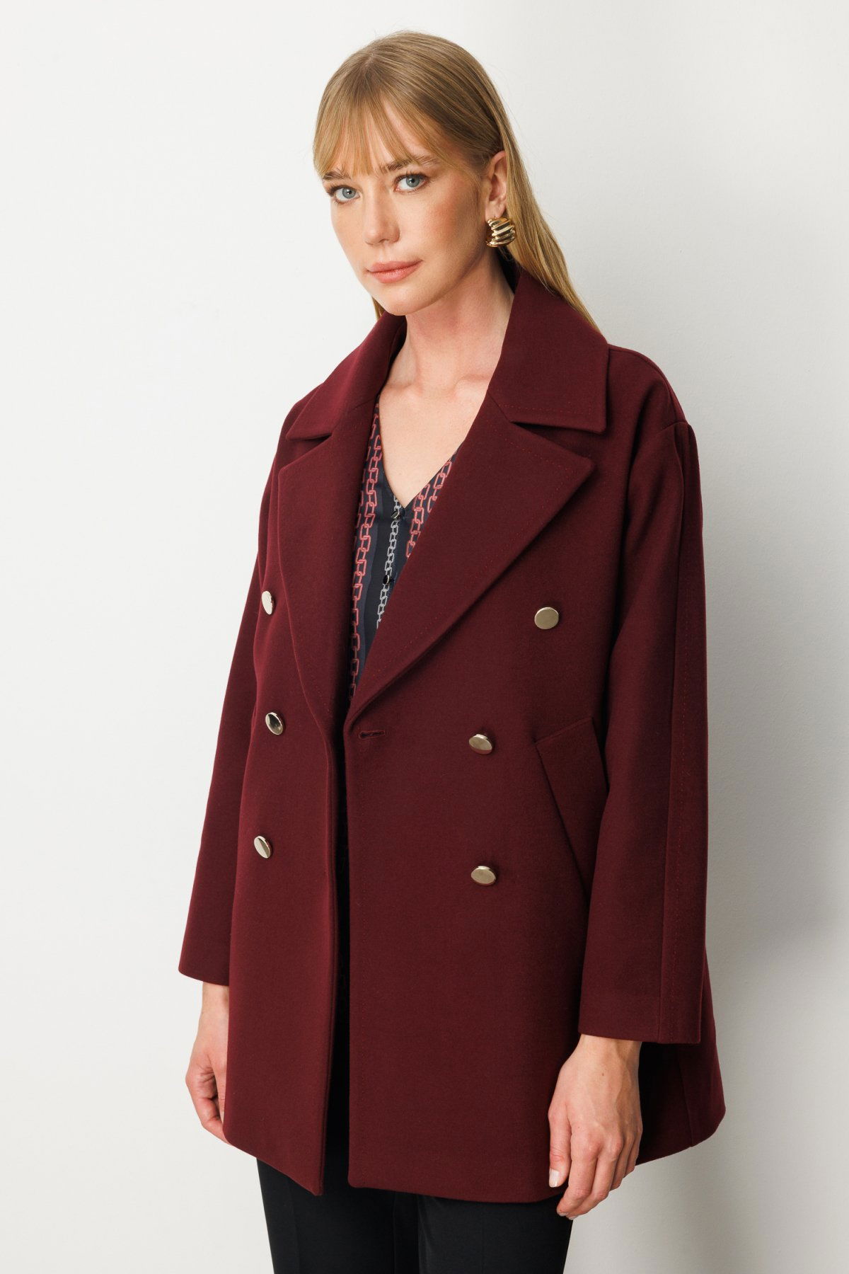 Ekol Kadın Kruvaze Yaka Yan Cepli Kaban 6093 Bordo - 3
