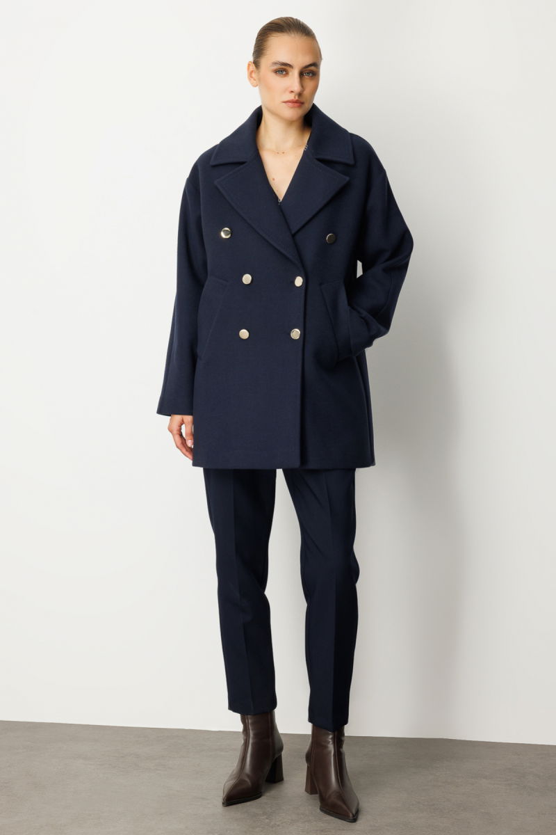 Ekol Kadın Kruvaze Yaka Yan Cepli Kaban 6093 Lacivert - Ekol