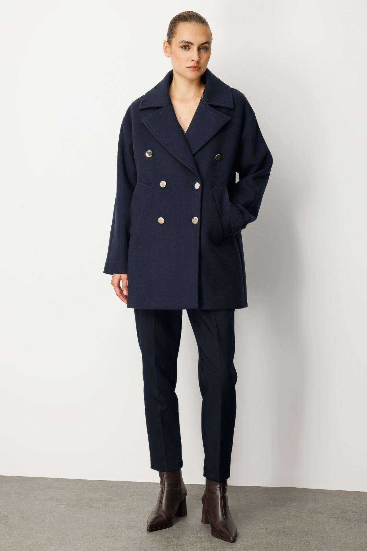 Ekol Kadın Kruvaze Yaka Yan Cepli Kaban 6093 Lacivert - 1