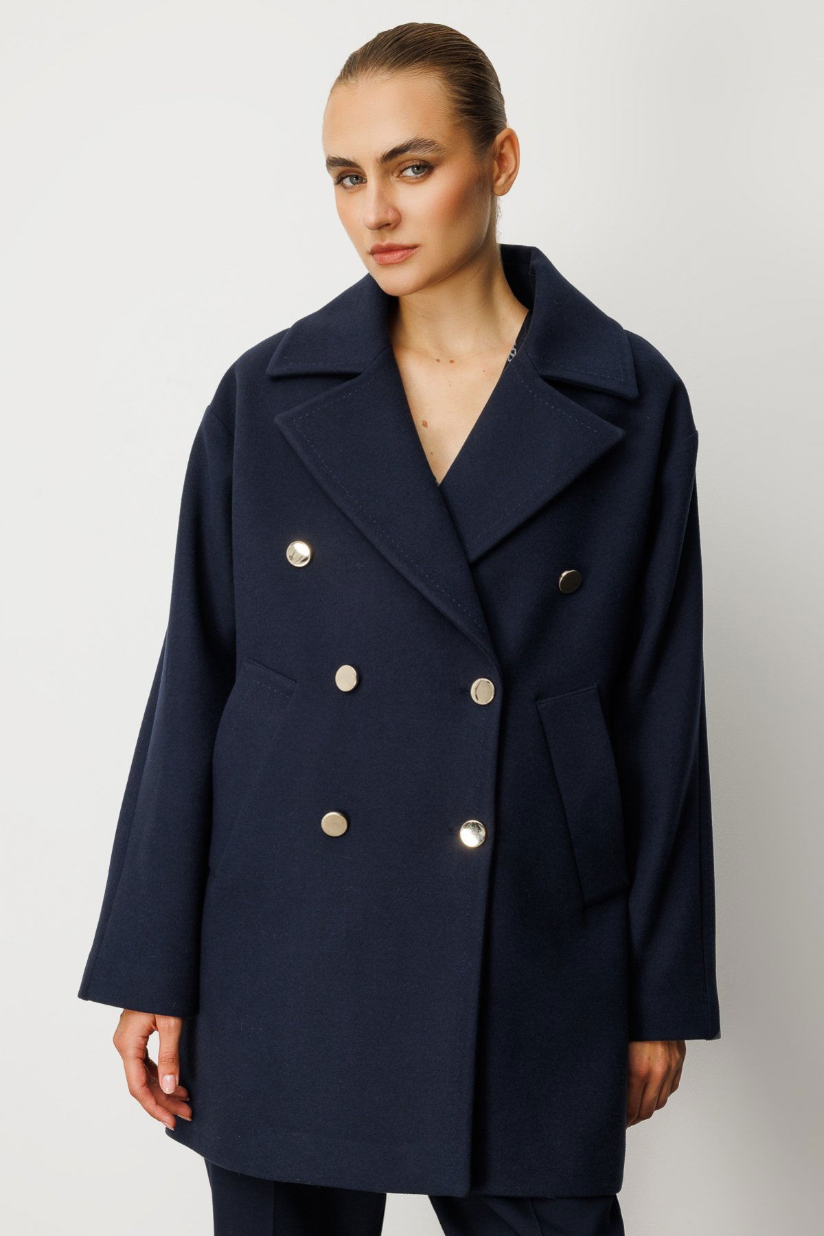 Ekol Kadın Kruvaze Yaka Yan Cepli Kaban 6093 Lacivert - 2