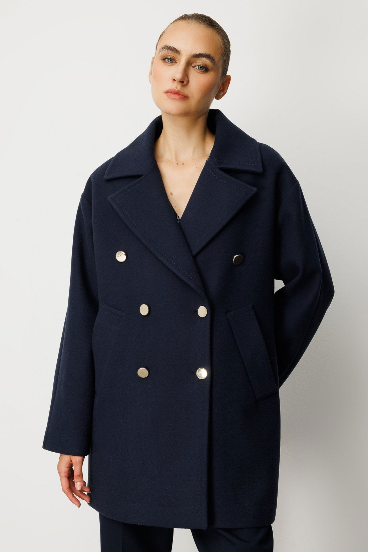 Ekol Kadın Kruvaze Yaka Yan Cepli Kaban 6093 Lacivert - 3