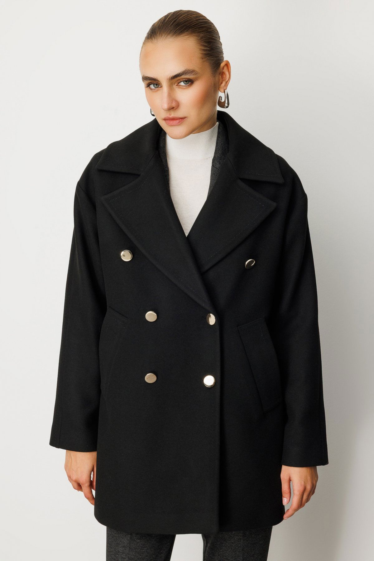 Ekol Kadın Kruvaze Yaka Yan Cepli Kaban 6093 Siyah - 1