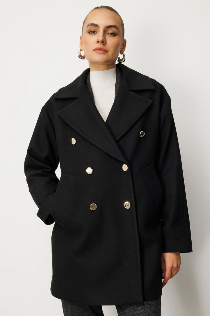 Ekol Kadın Kruvaze Yaka Yan Cepli Kaban 6093 Siyah - 2