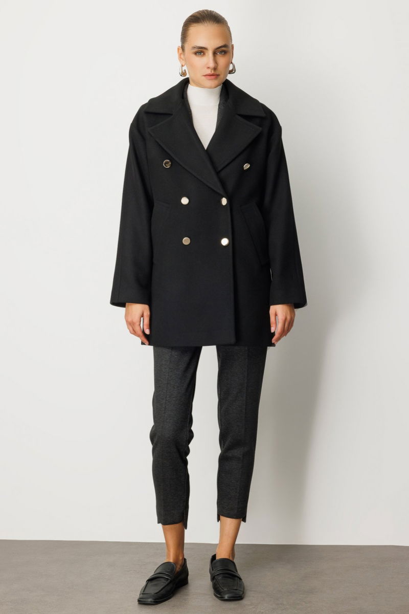 Ekol Kadın Kruvaze Yaka Yan Cepli Kaban 6093 Siyah - 3