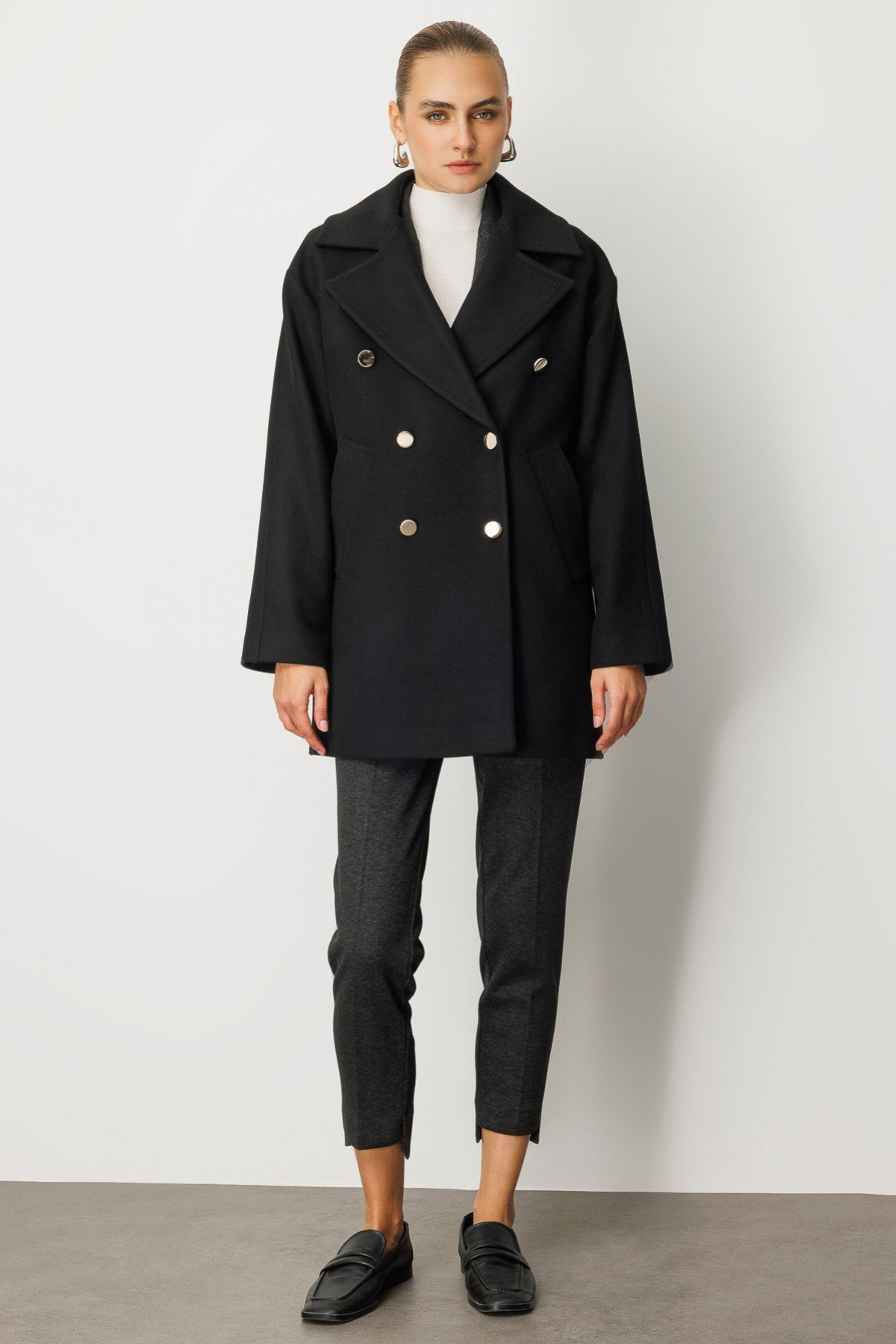 Ekol Kadın Kruvaze Yaka Yan Cepli Kaban 6093 Siyah - 3