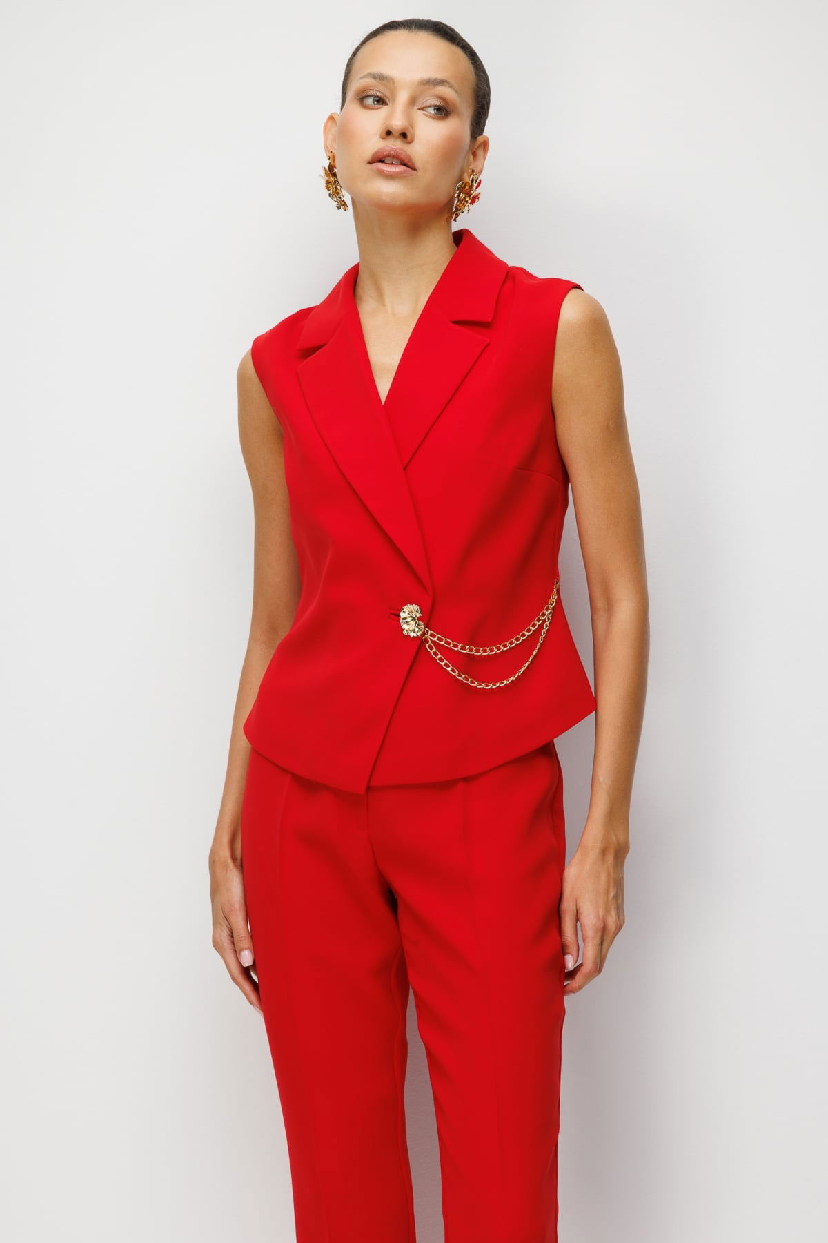 Ekol Kadın Kruvaze Yaka Zincir Aksesuarlı Yelek 2442 Kırmızı - 1