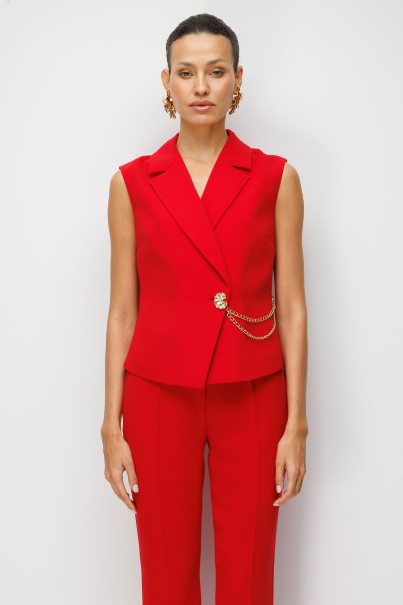 Ekol Kadın Kruvaze Yaka Zincir Aksesuarlı Yelek 2442 Kırmızı - 2