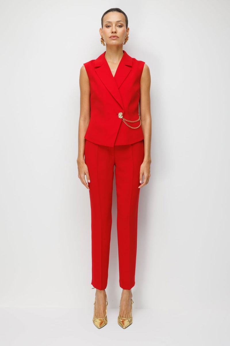 Ekol Kadın Kruvaze Yaka Zincir Aksesuarlı Yelek 2442 Kırmızı - 3