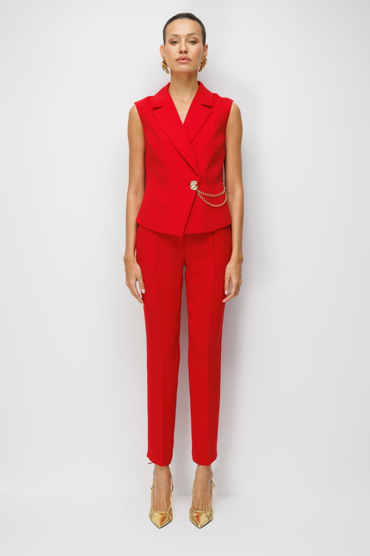 Ekol Kadın Kruvaze Yaka Zincir Aksesuarlı Yelek 2442 Kırmızı - 3