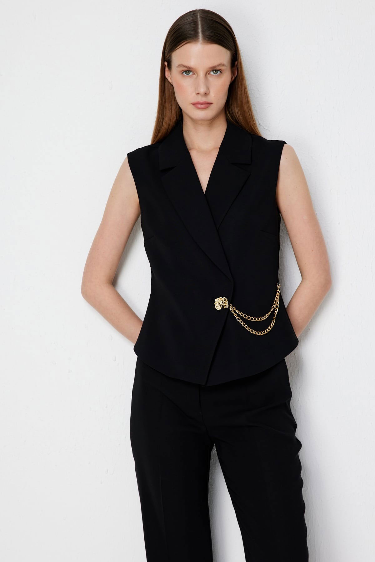 Ekol Kadın Kruvaze Yaka Zincir Aksesuarlı Yelek 2442 Siyah - 1
