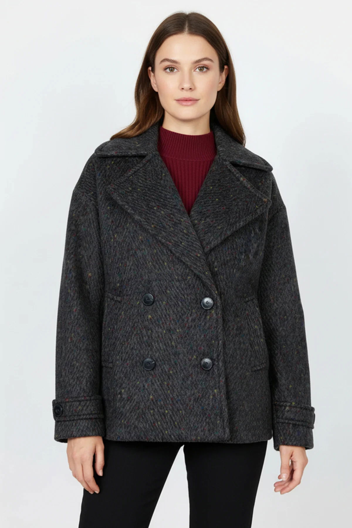 Ekol Kadın Kumaşı Renkli Kruvaze Mont 6019 Antrasit - 1