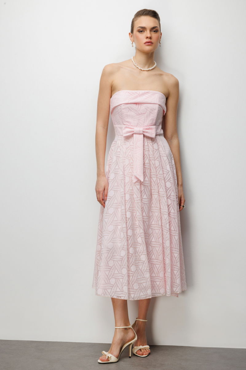 Ekol Kadın Kurdele Detaylı Straplez Elbise 6024 Pembe - 2