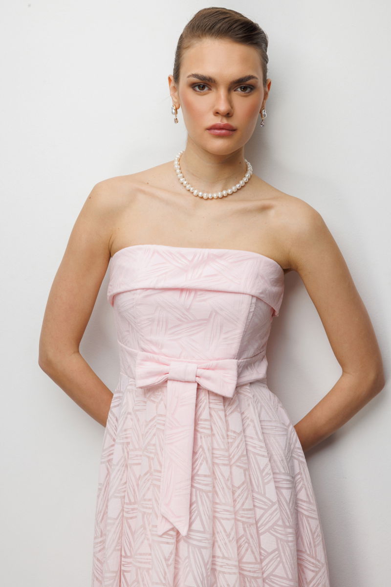 Ekol Kadın Kurdele Detaylı Straplez Elbise 6024 Pembe - 3