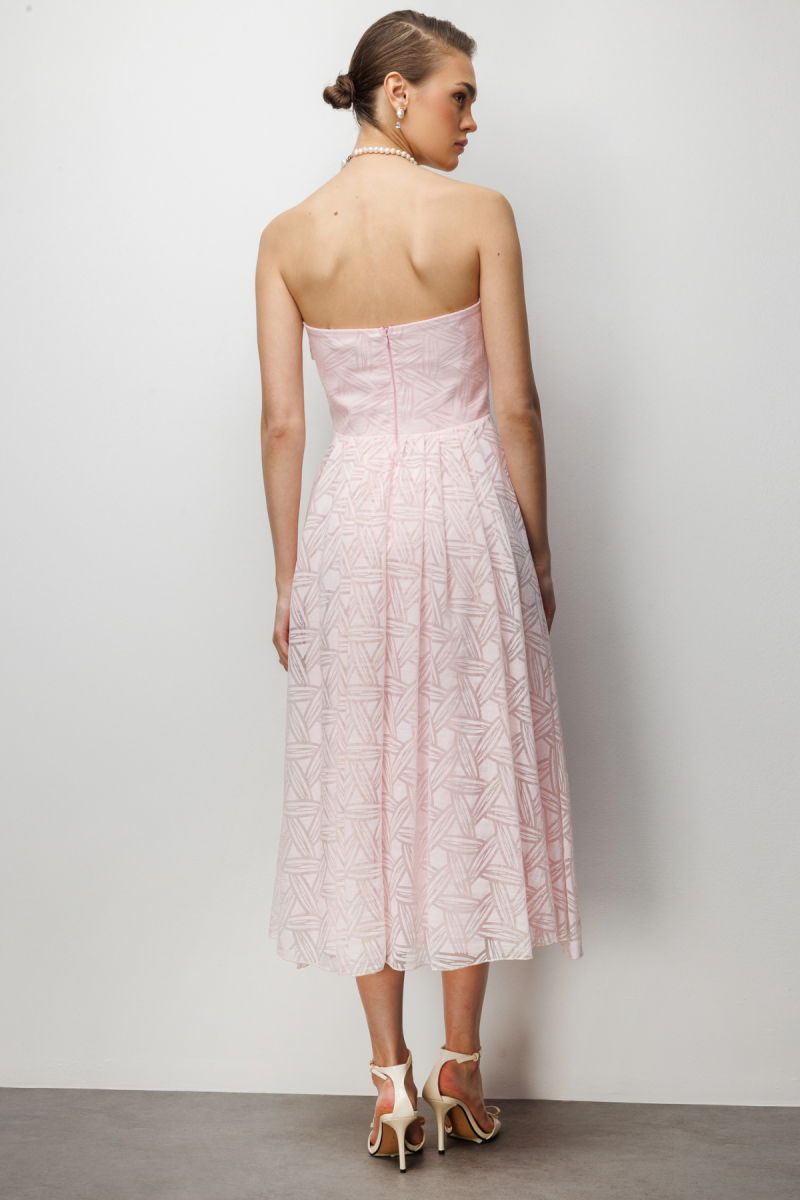 Ekol Kadın Kurdele Detaylı Straplez Elbise 6024 Pembe - 4