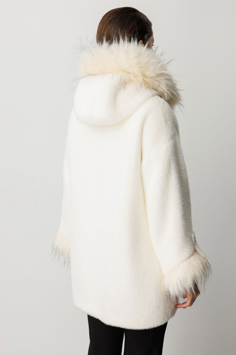 Ekol Kadın Kürk Detaylı Uzun Peluş Mont 6031 Ekru - 5