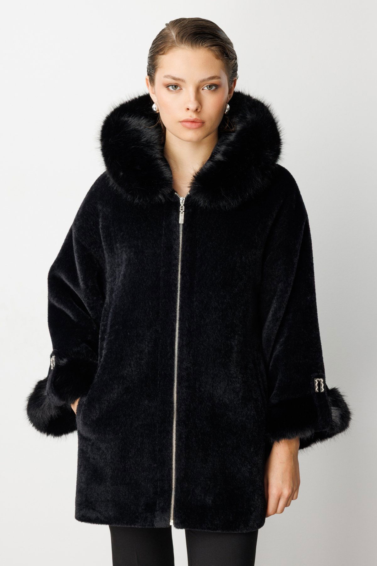 Ekol Kadın Kürk Detaylı Uzun Peluş Mont 6031 Siyah - 1