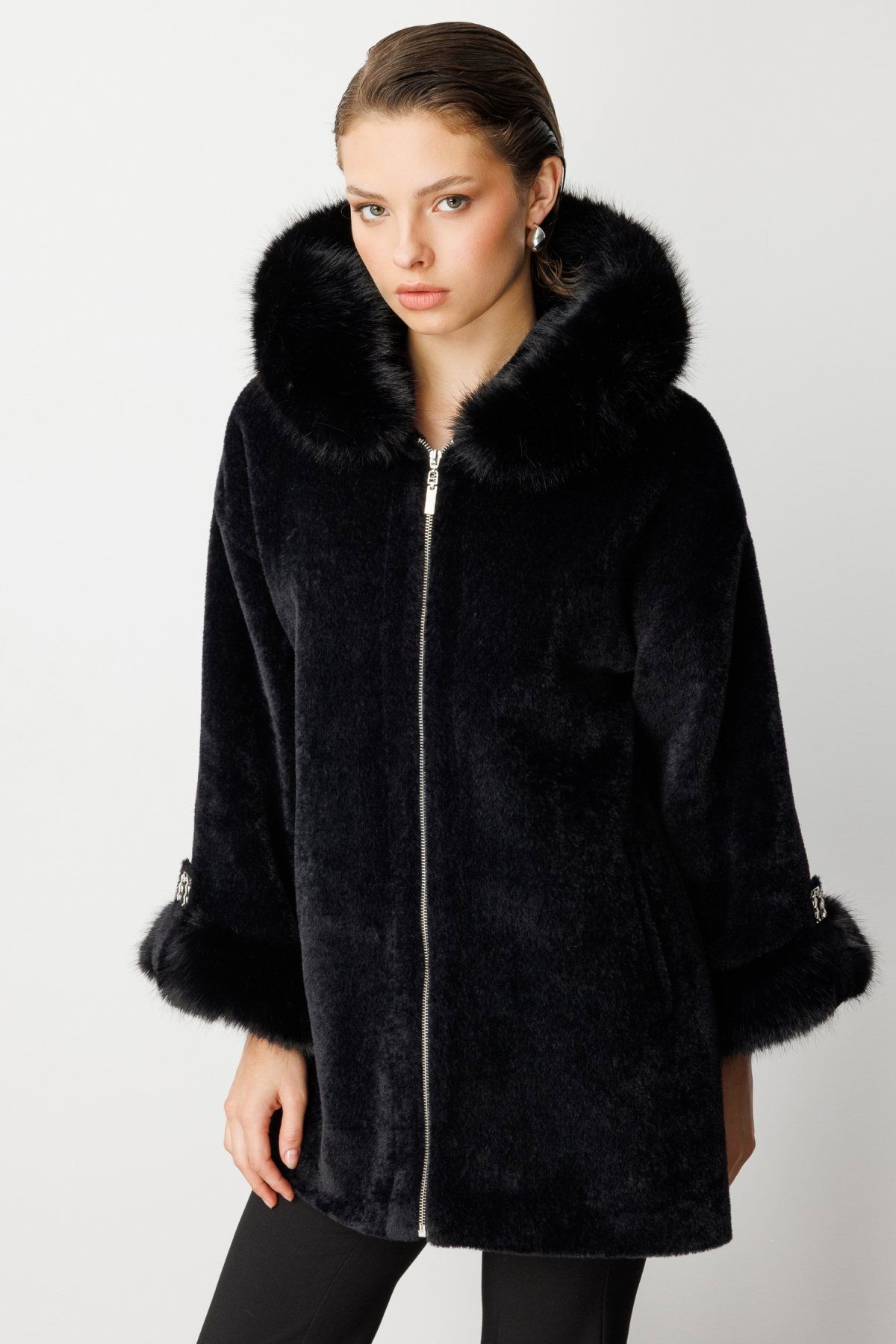 Ekol Kadın Kürk Detaylı Uzun Peluş Mont 6031 Siyah - 2