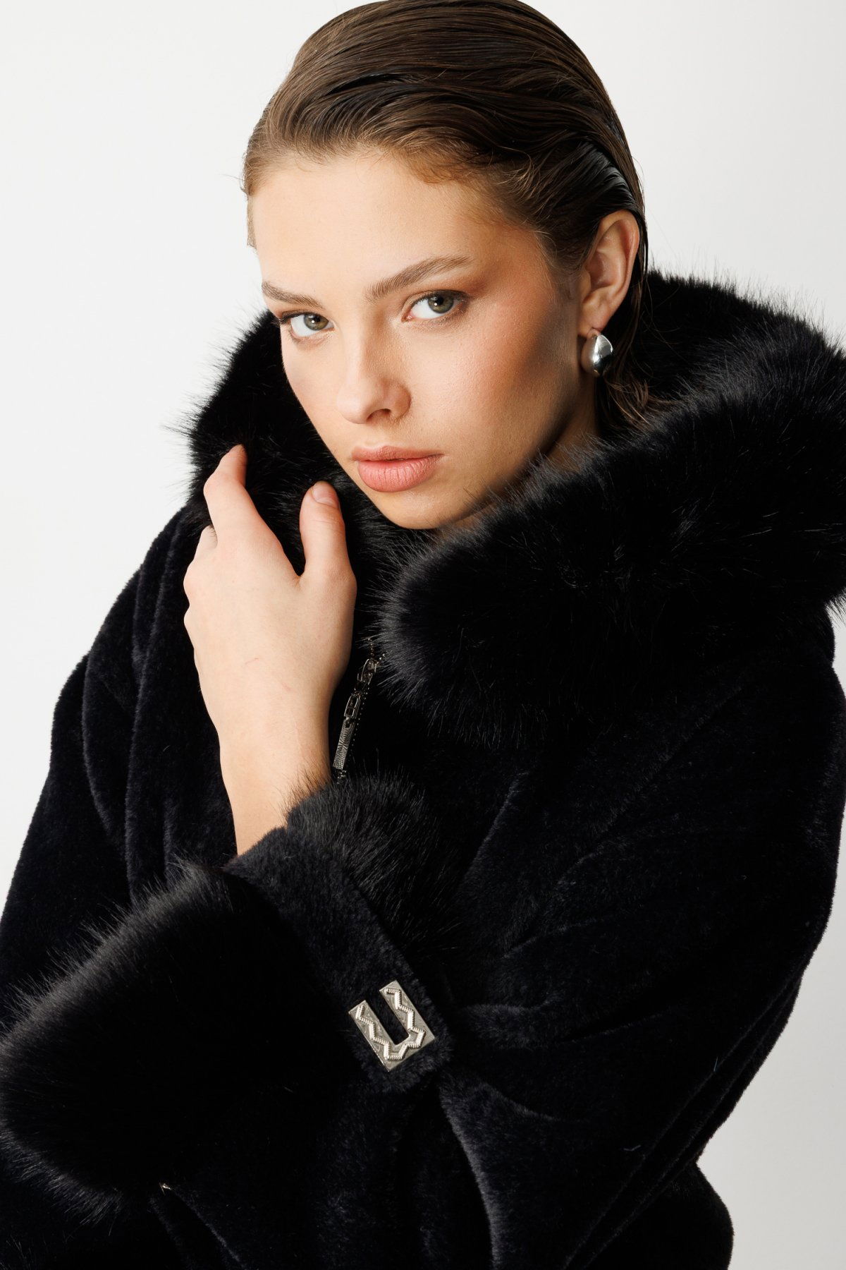 Ekol Kadın Kürk Detaylı Uzun Peluş Mont 6031 Siyah - 3