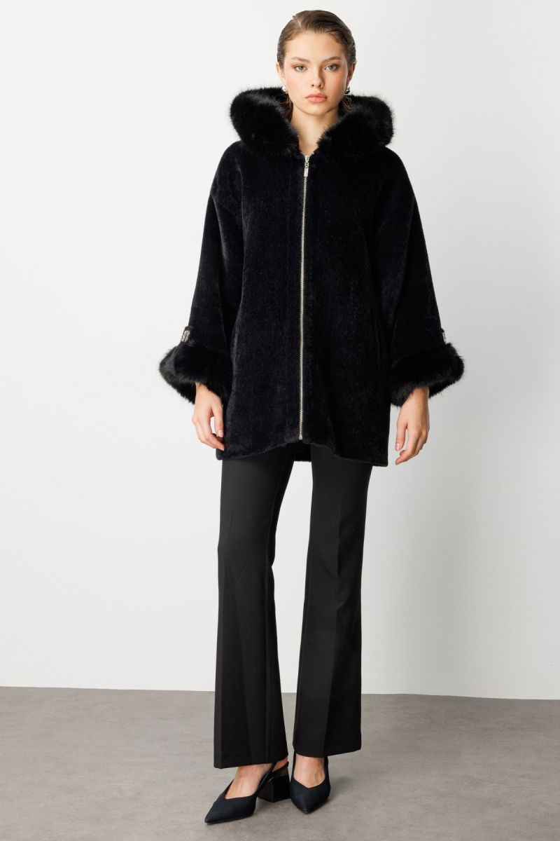 Ekol Kadın Kürk Detaylı Uzun Peluş Mont 6031 Siyah - 4