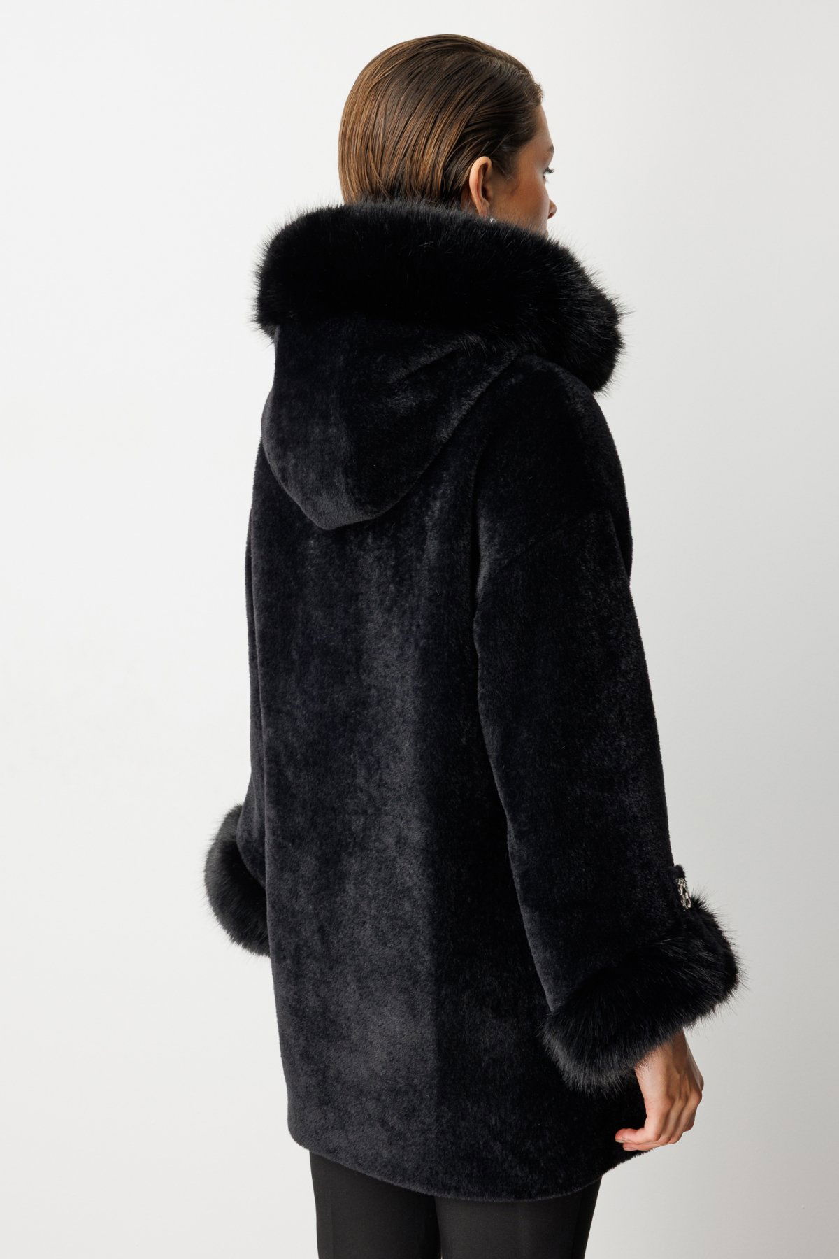 Ekol Kadın Kürk Detaylı Uzun Peluş Mont 6031 Siyah - 5