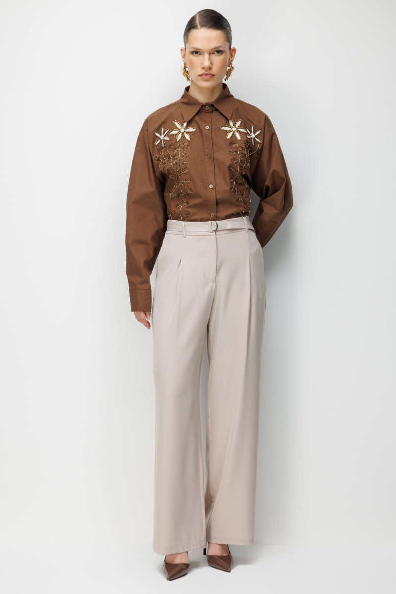 Ekol Kadın Kuşaklı Bol Paça Pileli Pantolon 4128 Kum - 1