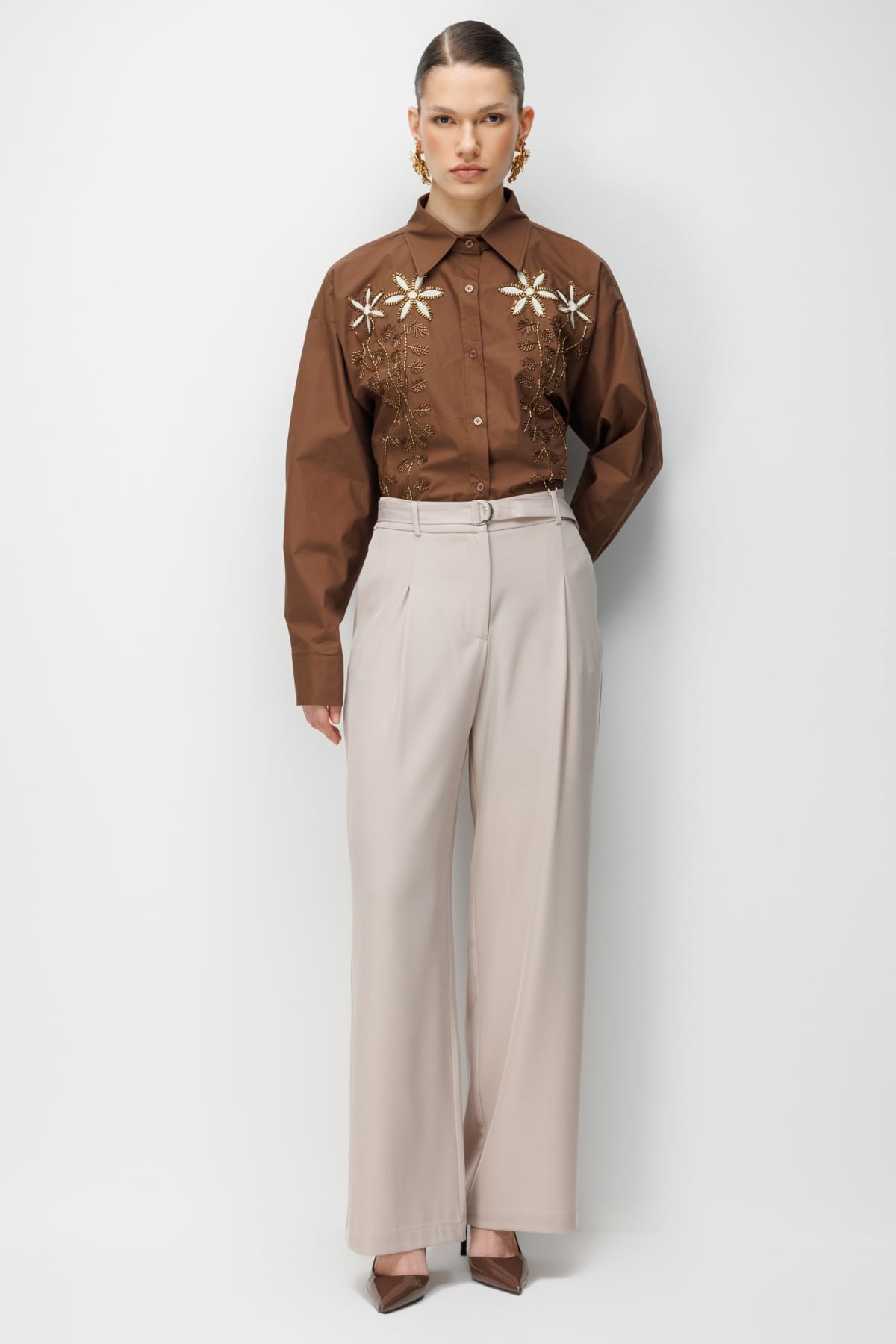 Ekol Kadın Kuşaklı Bol Paça Pileli Pantolon 4128 Kum - 1