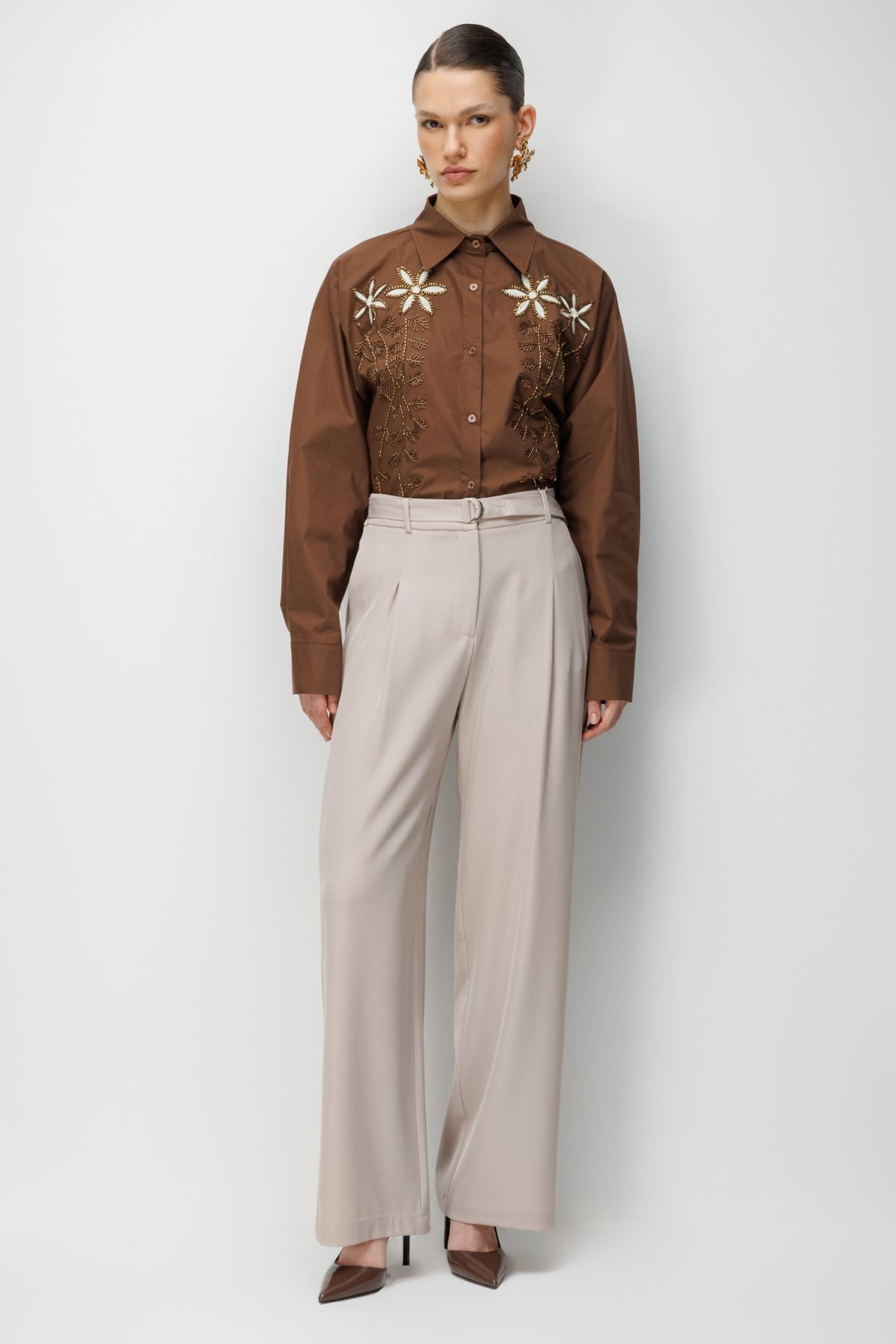 Ekol Kadın Kuşaklı Bol Paça Pileli Pantolon 4128 Kum - 2