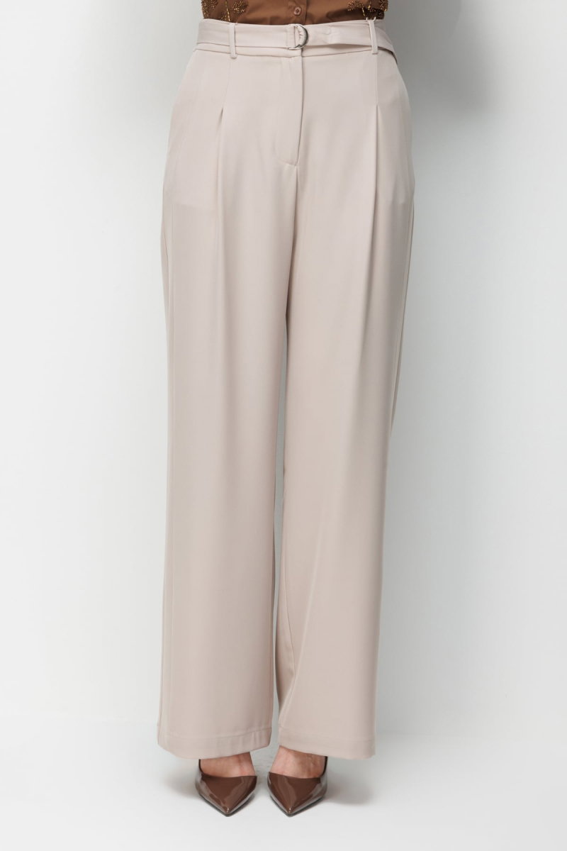 Ekol Kadın Kuşaklı Bol Paça Pileli Pantolon 4128 Kum - 3