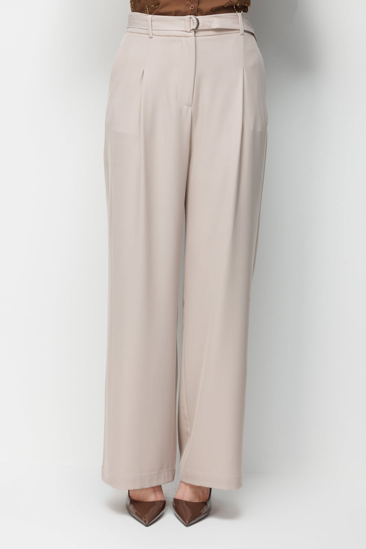 Ekol Kadın Kuşaklı Bol Paça Pileli Pantolon 4128 Kum - 3