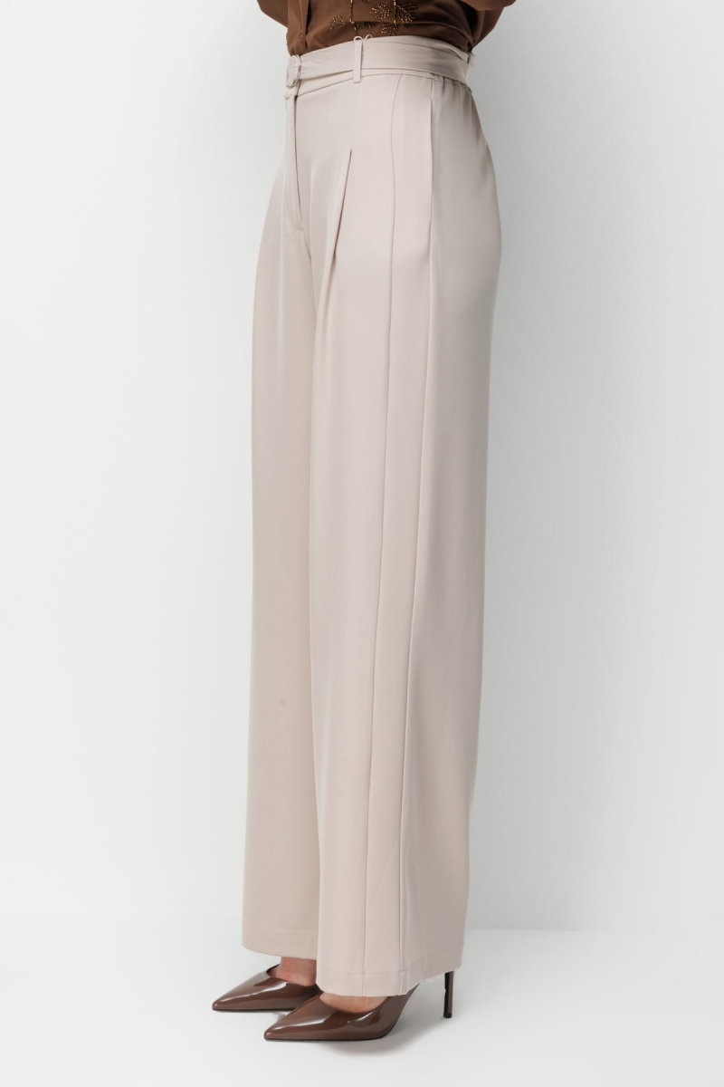 Ekol Kadın Kuşaklı Bol Paça Pileli Pantolon 4128 Kum - 4