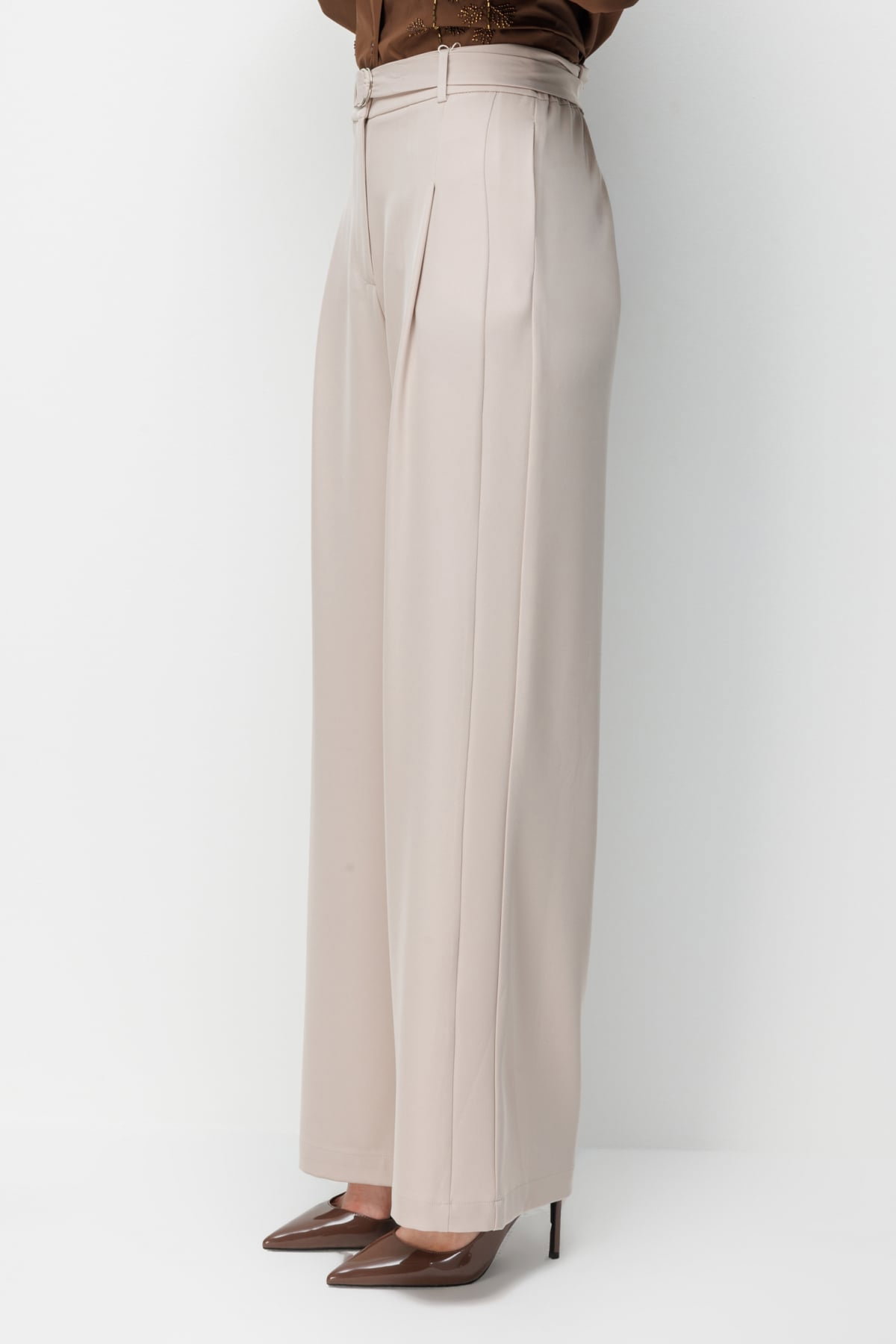 Ekol Kadın Kuşaklı Bol Paça Pileli Pantolon 4128 Kum - 4