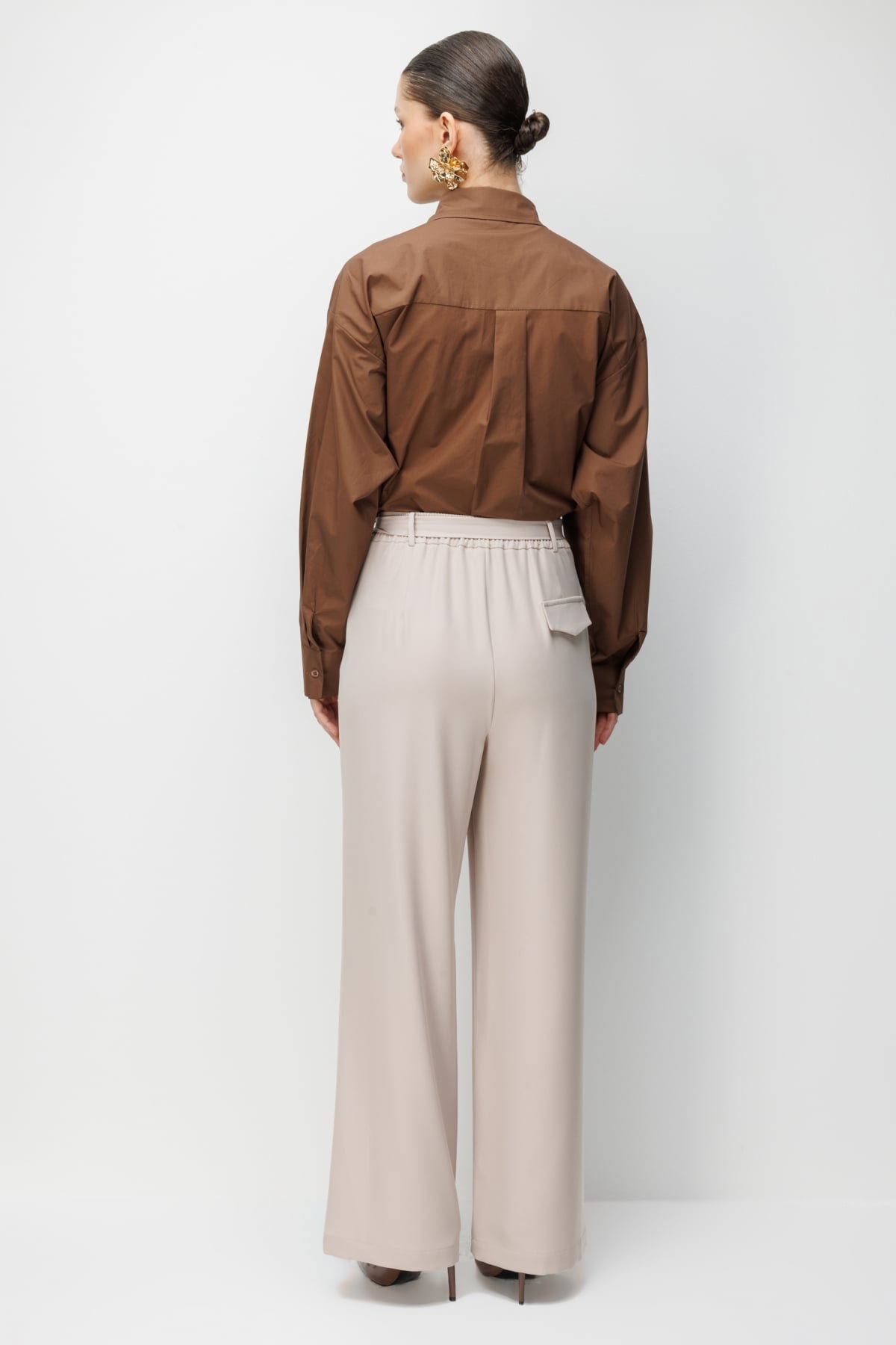 Ekol Kadın Kuşaklı Bol Paça Pileli Pantolon 4128 Kum - 5