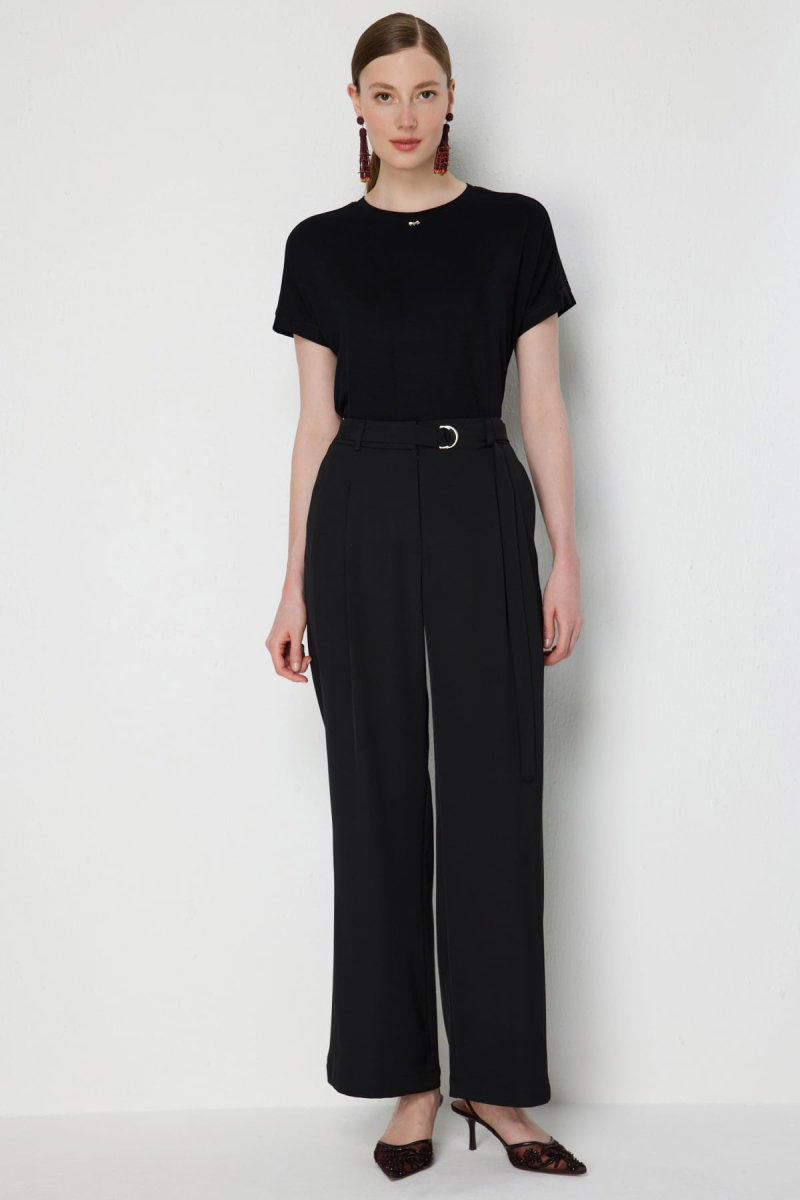 Ekol Kadın Kuşaklı Bol Paça Pileli Pantolon 4128 Siyah - Ekol