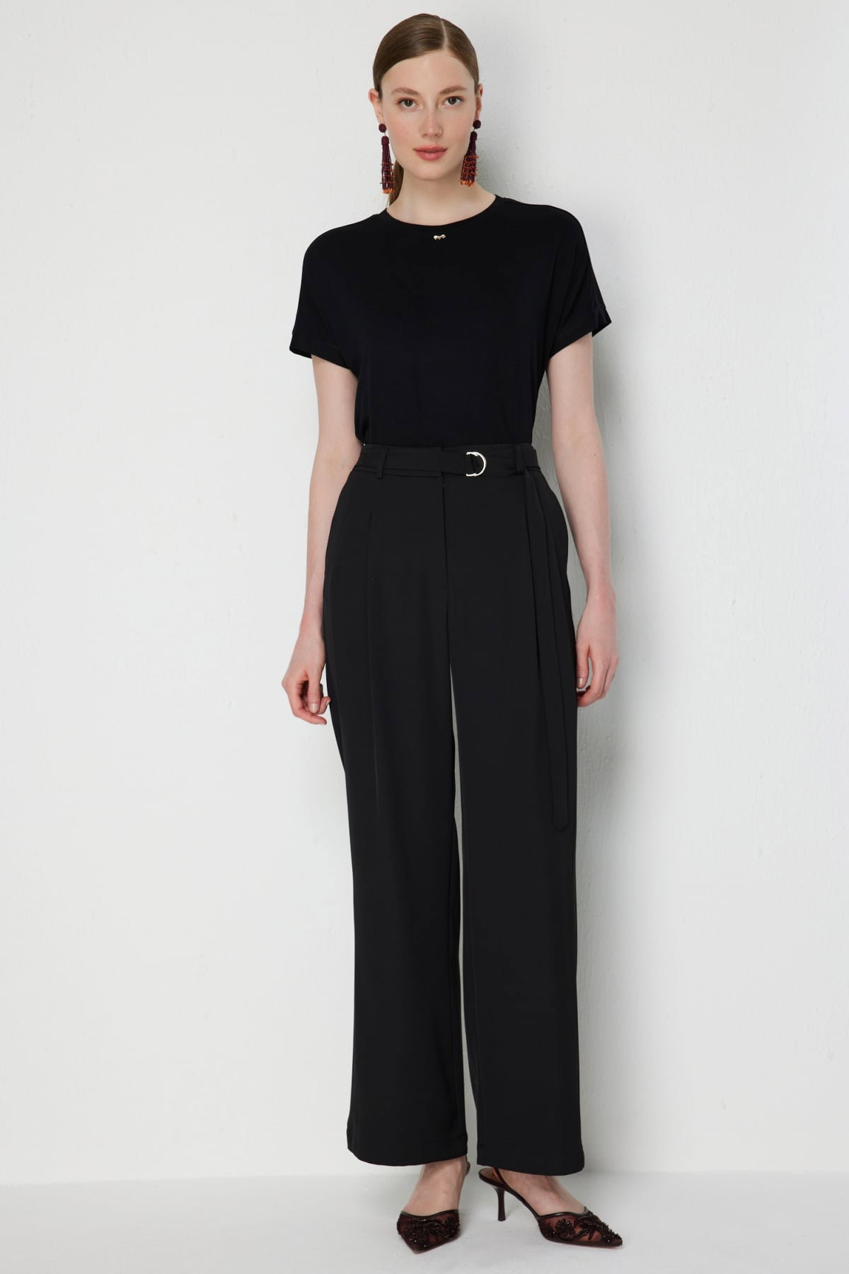 Ekol Kadın Kuşaklı Bol Paça Pileli Pantolon 4128 Siyah - 1