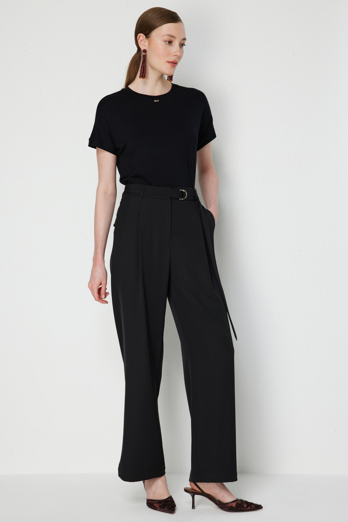 Ekol Kadın Kuşaklı Bol Paça Pileli Pantolon 4128 Siyah - 2