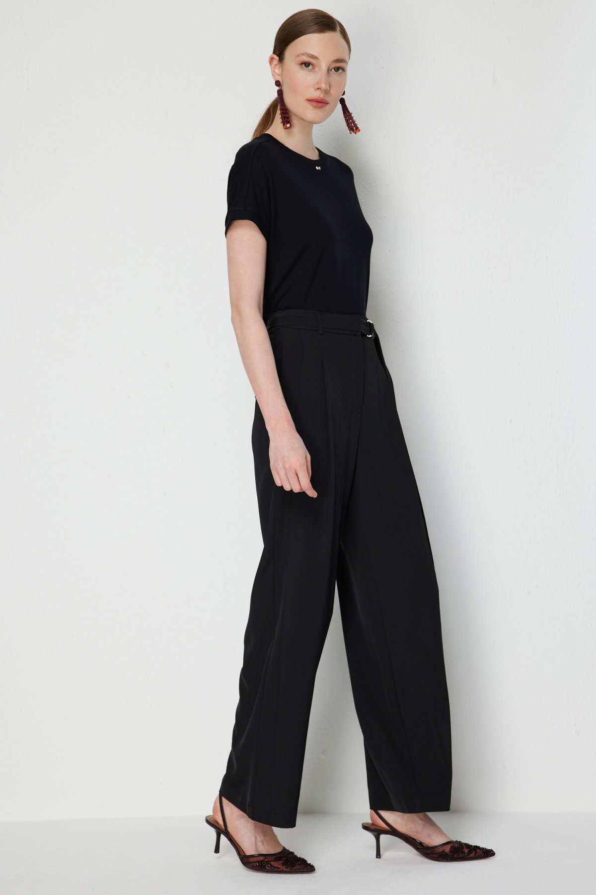 Ekol Kadın Kuşaklı Bol Paça Pileli Pantolon 4128 Siyah - 3