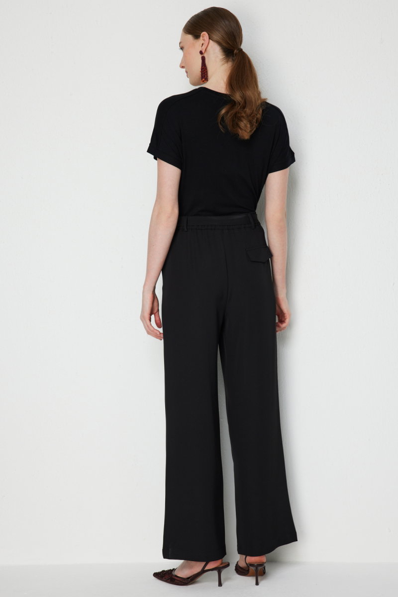 Ekol Kadın Kuşaklı Bol Paça Pileli Pantolon 4128 Siyah - 4